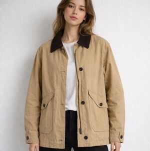 Women's CISONO Khaki Padded Utility Barn Jacket with Brown Corduroy Collar Sz S